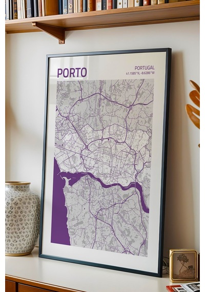 Porto Portekiz Portugal Haritası Çerçeveli Tablo Lüks Salon Ofis Duvar Dekorasyonu Hediyelik Tablo