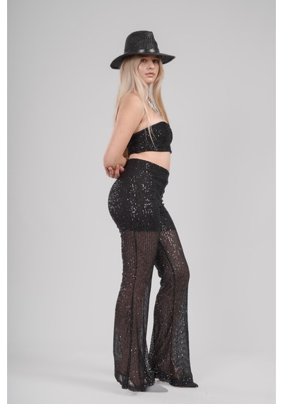 Mayrem Pul Payet Straplez Crop & İspanyol Paça Set Takım Siyah