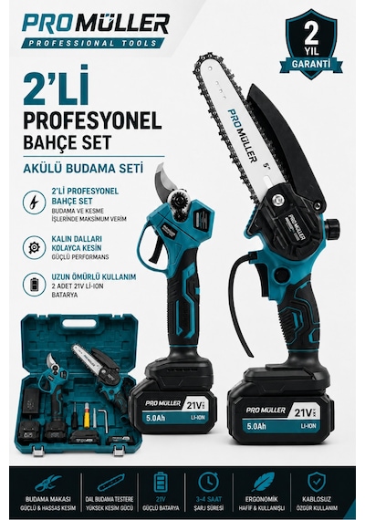 Pro Müller Professional 21 V Çift Akülü Çelik Şanzıman Dal Budama Makası & Dal Budama Testeresi 2 Li Set