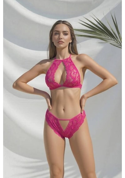 Ang Butik Kadın Pembe Dantel Göğüs Dekolteli Bralet Takım