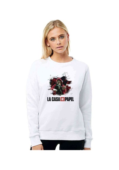 La Case De Papel Dali El Baskılı Beyaz Kadın Sweatshirt
