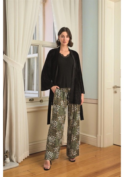 Mega Fair Çiçek Yaprak Ve Etnik Desenli Dantelli 3'lü Pijama Takımı Siyah