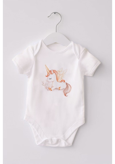 Lilabio %100 Organik Pamuk 3'lü Baskılı Kısa Kollu Bebek Body Unicorn Beyaz