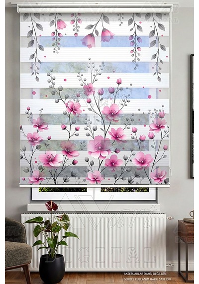 Kiraz Çiçeği Baskılı Zebra Stor Perde - Dijital Baskılı Zebra Stor Perde Pembe