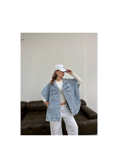 Kene Jeans Kadın Buz Kar Panço Oversize Kot Yelek Mavi