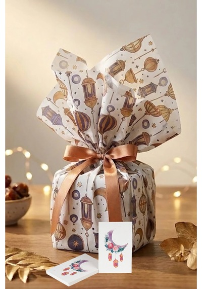 Ramazan Temalı Pelur Kağıdı İftar Hediye Paketleme Kağıdı Beyaz Zemin 18 g/m 30 x 45 CM 12 Adet