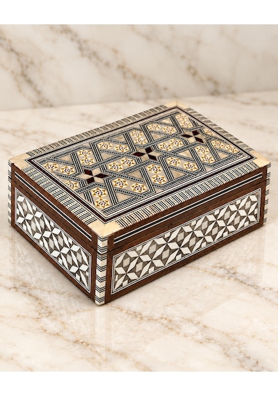 Geometrik Desenli Dikdörtgen Ahşap Sandık Kutu Renkli
