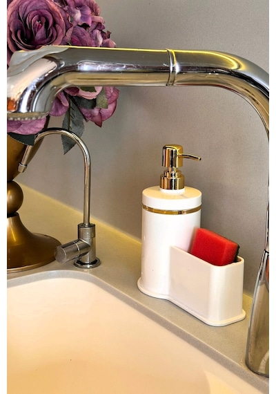 Makri Home Mutfak Veya Banyo İçin Şık Altın Rengi Detaylı Süngerlikli Sıvı Sabunluk , Yerli Üretim Beyaz