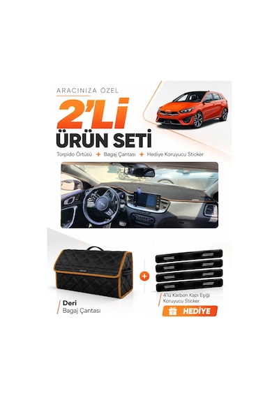 Kia Ceed 2020-2025 Uyumlu Torpido Örtüsü + Deri Bagaj Çantası + Sticker Seti - Siyah Kahverengi