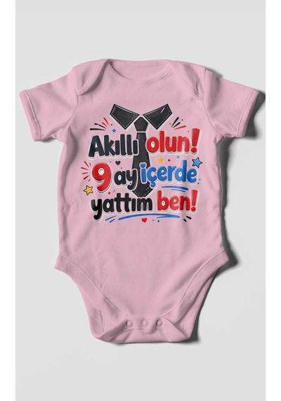 Morivokids Akilli Olun 9 Yazılı Kısa Kollu Bebek Body %100 Pamuk Koyu Pembe