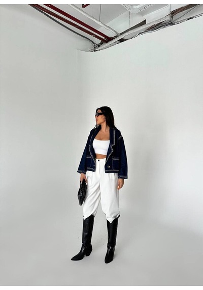 Zdnjeans Kadın Droplu Detaylı Denim Ceket Blazer Yaka, Cep Detaylı Koyu Mavi