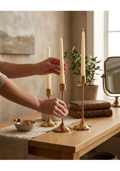 3'lü Metal Şamdan Seti Gold Renk Şamdanlık Klasik Mumluk Seti 16-19-22 Cm