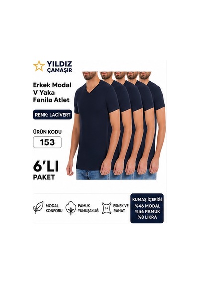Yıldız Çamaşır Erkek V Yaka Kısa Kol Modal Likralı Fanila Atlet 150-151-152-153 - 6 Adet Lacivert Yıldız Çamaşır Erkek V Yaka Kısa Kol Modal Likralı Fanila Atlet 150-151-152-153 - 6 Adet Lacivert