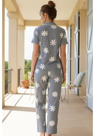 Siyah İnci Düğmeli Biyeli Viskon Örme Pijama Takım 26120763 Lacivert Çizgi