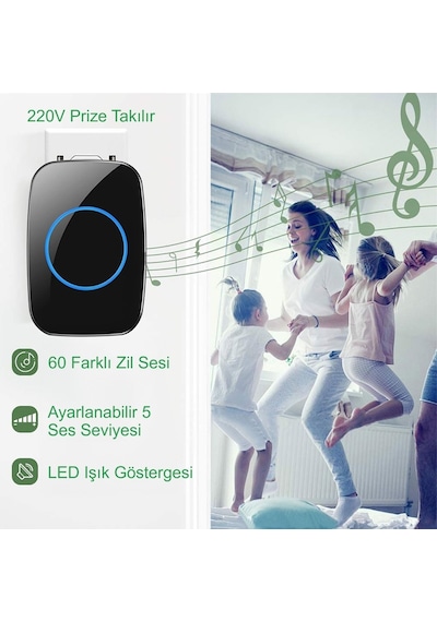 Triline Ledli Modern Kablosuz Kapı Zili 300metre Menzil 60 Çeşit