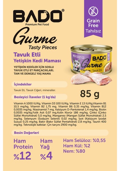 Bado Gurme Yaş Yetişkin Kedi Maması Tavuklu 85 Gr 36 Adet
