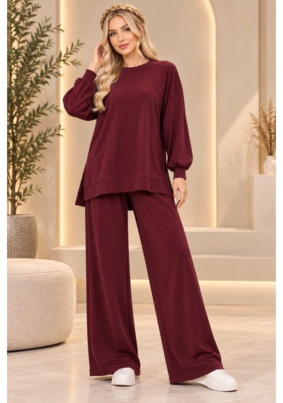 Bul-al Kadın Oversize Bisiklet Yaka Uzun Kollu Tunik Ve Cepli Olmayan Bol Paça Pantolon İkili Takım Bordo Bul-al Kadın Oversize Bisiklet Yaka Uzun Kollu Tunik Ve Cepli Olmayan Bol Paça Pantolon İkili Takım Bordo