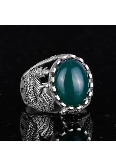 İslami Doğal Jade Taş Yüzük - Sakin 925 Ayar Gümüş Erkek Yüzük - Uyum Ve Refah Tasarımı Gümüş