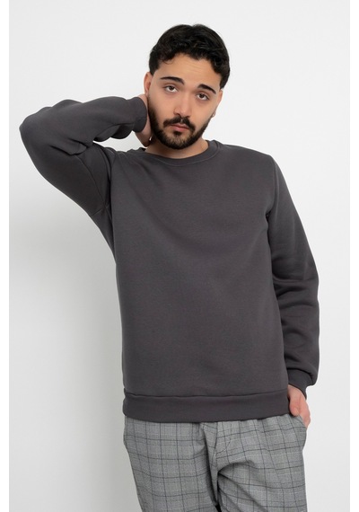 Dasüniforma Basic Baskısız 3 İplik Unisex Cepsiz Düz Sweatshirt Yuvarlak Yaka Sweat Antrasit