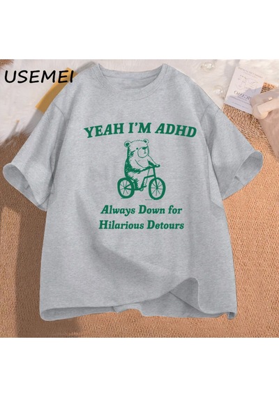 Flood Of Style Komik Grafik T Shirt Erkekler Evet Ben Adhd Rakun Meme T Shirt Unisex Moda Rahat O-boyun Boy Gri