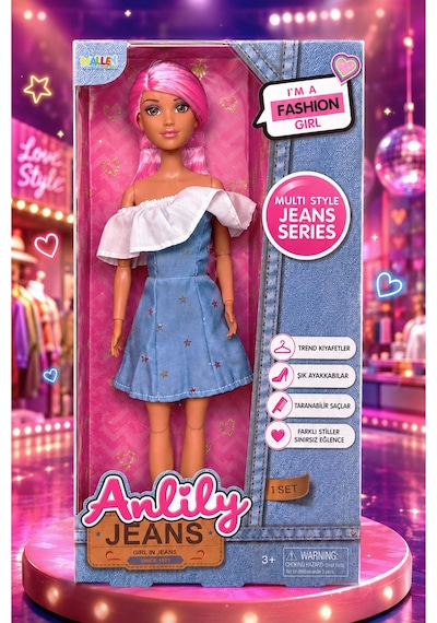 Moda Bebek Oyuncak Pembe Saçlı Kot Kıyafetli Bebek Oyuncak - Kız Çocuk Hediye 3+ Yaş Pembe Saçlı - Kot Kıyafetli