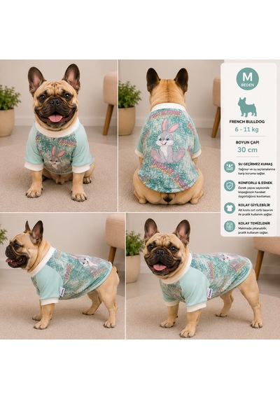 Köpek Sweatshirt M Beden Boyun Çapı 30 Cm Tavşan Desenli Cırt Cırtlı - Mint Yeşili