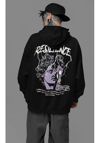 Sevbano Resilience Baskılı Unisex Oversize Tasarım Hoodie Siyah