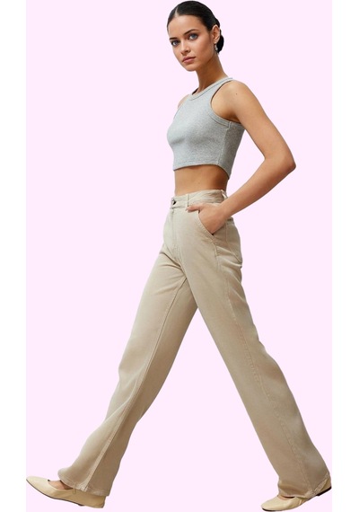 Ersefa Kadın Cool & Comfort Wide Leg Tencel Jean Pantolon Fonksiyonel Da Bej