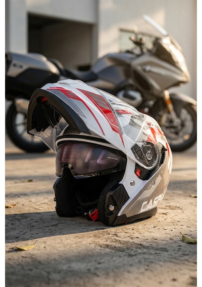 Vento Premium Çene Açılır Kask Güneş Vizörlü Gri Kırmızı Ece 22.06 Sertifikalı Gri Gri