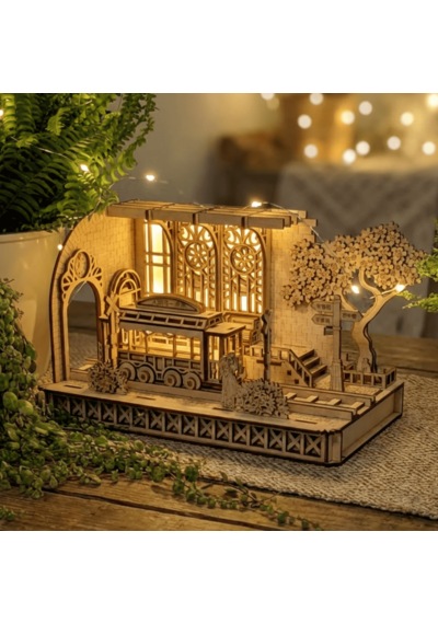 Japanese Tram Station Diorama Ahşap Maket Seti Japon Tramvay İstasyonu Peri Led'li Dıy Model