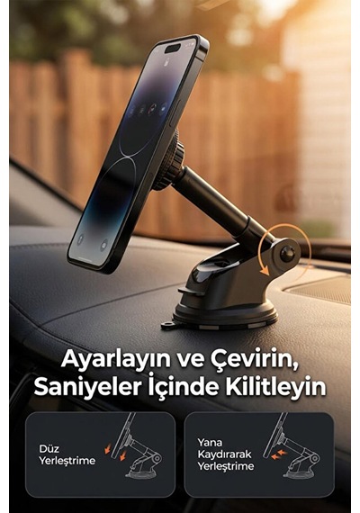 Vantuzlu Teleskopik Kollu Mıknatıslı 360 Ayarlanabilir Araç İçi Telefon Tutucu 1