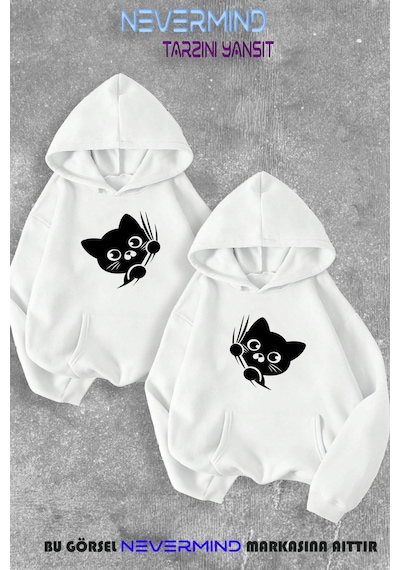 Nevermind Sevgili Çift Kombini Sevimli Cat Ön Baskılı Kapüşonlu Sweatshirt Beyaz