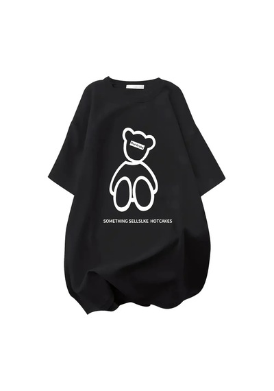 Kadın Tişört Penye Compack Baskılı Oversize Bisiklet Yaka T-shirt - Siyah