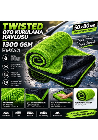 Aracımtemiz Twisted Oto Kurulama Havlusu 1300 Gsm 50 80cm Yeşil-antrasit