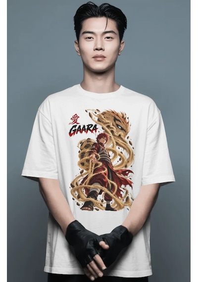 Unisex Oversize Gaara Naruto Anime Karakter Ön Baskılı Premium Ti Beyaz