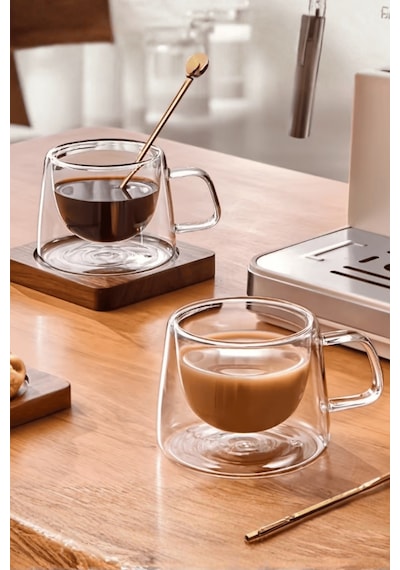 2 Adet 120 Ml Çift Cidarlı Cam Kahve Espresso Bardağı Mıt1283 Şeffaf