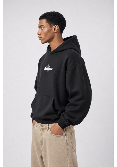 Respire Erkek Sonar Nakışlı Oversize Hoodie Siyah