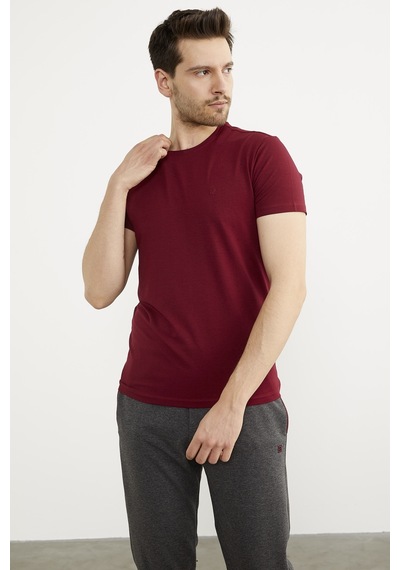 Sıfır Yaka Basic Tişört - Bordo 001
