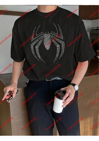 Startmore Unisex Örümcek Baskılı Tshirt Beyaz Siyah