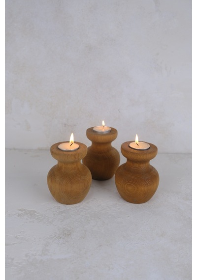 3 Lü Büyük Nar Model Tealight Ahşap Şamdan Seti Dekoratif Şamdan
