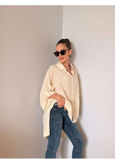 Ali Butik Krem Fakir Kol Oversize Keten Gömlek Krem