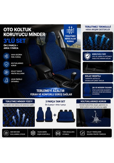 Oto Koltuk Koruyucu Minder 3 Lü Set Terletmez Kumaş Ön 2 Arka 1 Parça Mavi