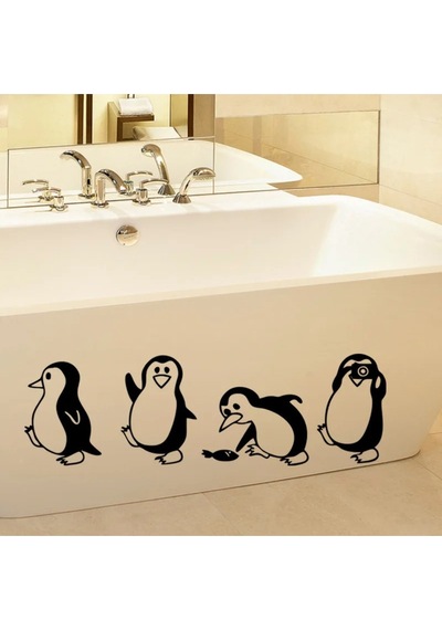 Penguen Dekoratif Duvar, Kapı, Merdiven Süsü Sticker Etiket 4'lü Siyah