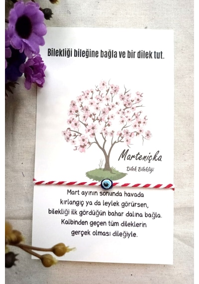 Nazar Dilek Ağacı Marteniçka Dilek Bilekliği - Kartlı Ve Jelatinli - Şans Bilekliği- 5 Adet - 9x14 Kırmızı - Beyaz