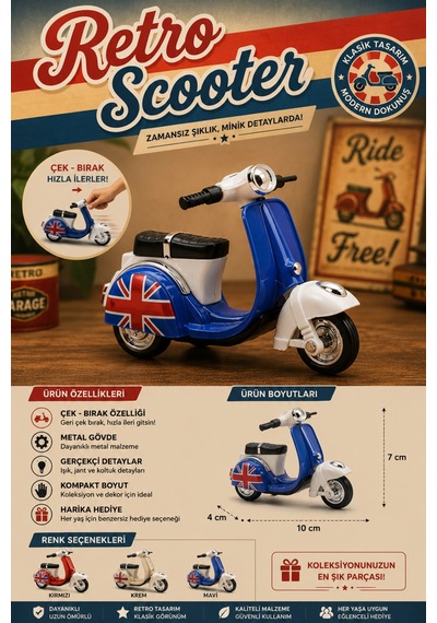 10 Cm Maket Scooter Metal Retro Tasarımlı Oyuncak Motor Çok Renkli