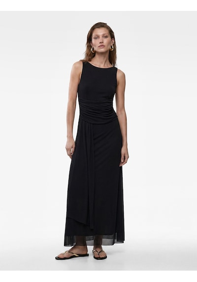 Koton Slim Fit Asimetrik Drapeli Kayık Yuvarlak Yaka Kolsuz Midi Elbise Siyah 6sak80074uk