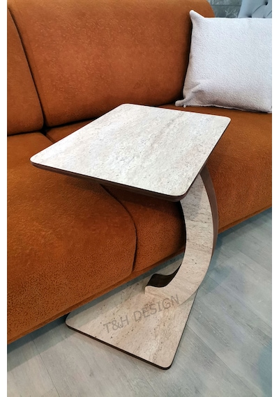 C Sehpa Dikdörtgen, Tekerlekli Yan Sehpa, %100 Mdf Yan Sehpa Traverten