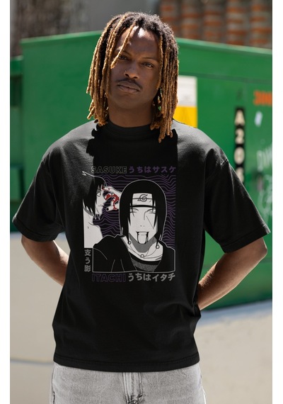 Sevbano Tasarım Sasuke Itachi Uchiha Baskılı Unisex Oversize Naruto Anime Siyah