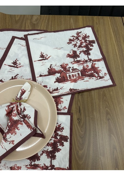 Toile De Jouy Monet Amerikan Servis 6 Lı Set 30x30 Cm %100 Pamuk Dijital Baskılı Country Tarzı Fransız Masa Dekoru - Zt730 Kırmızı