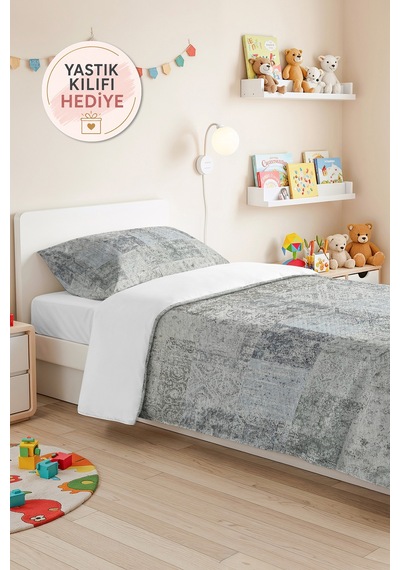 Vintage Patchwork Mavi Tek Kişilik Pike Takımı - Eskitme Bohem Gri 160x220 Cm Kapitone Yatak Örtüsü Kuşluk Yağmur Nüansı